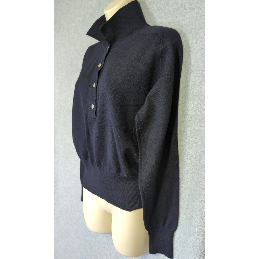 VTG 100% Merino Wool Polo Sweater Women M Navy Made in Hong Kong Casual Classic